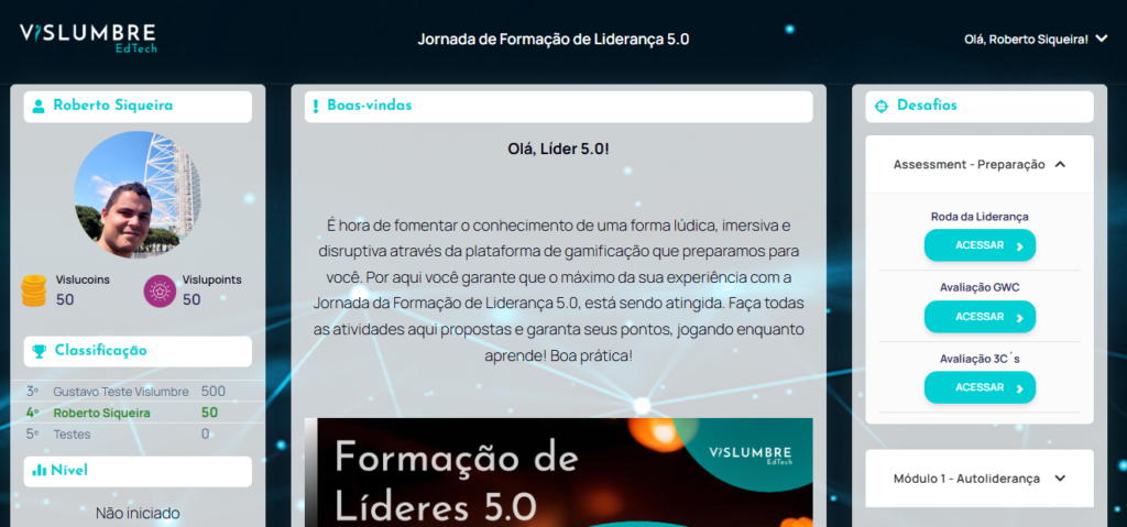 Plataforma Gamificate em uso em jornada corporativa, com dashboard de acompanhamento, rankings e progresso dos participantes.