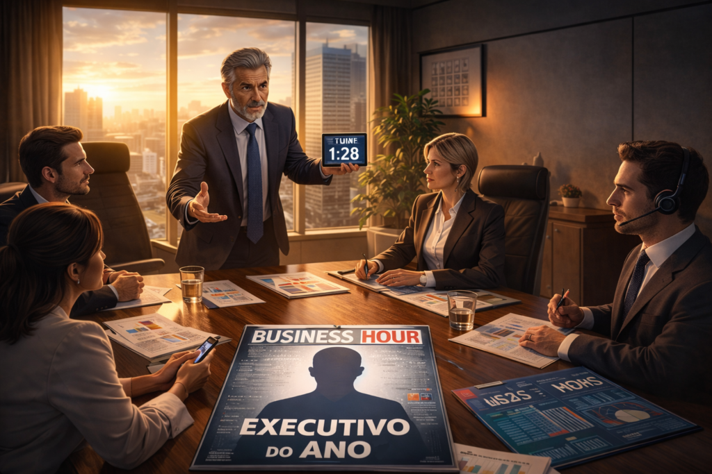 Cenário narrativo do jogo Executivo do Ano que contextualiza a escolha do porta-voz e os dilemas envolvidos na decisão.