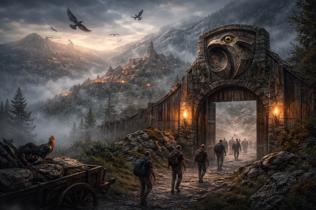 Narrativa do jogo Falkenauge Apocalipse ambientada em um vilarejo em colapso após um desastre