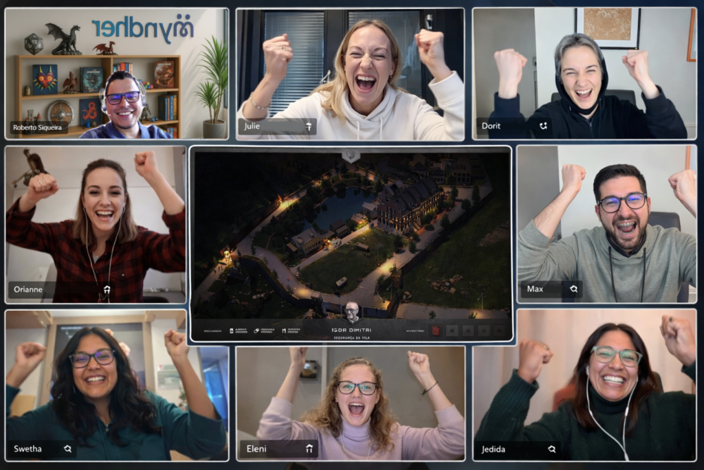 Equipe corporativa participando do jogo Falkenauge Apocalipse e tomando decisões estratégicas em grupo