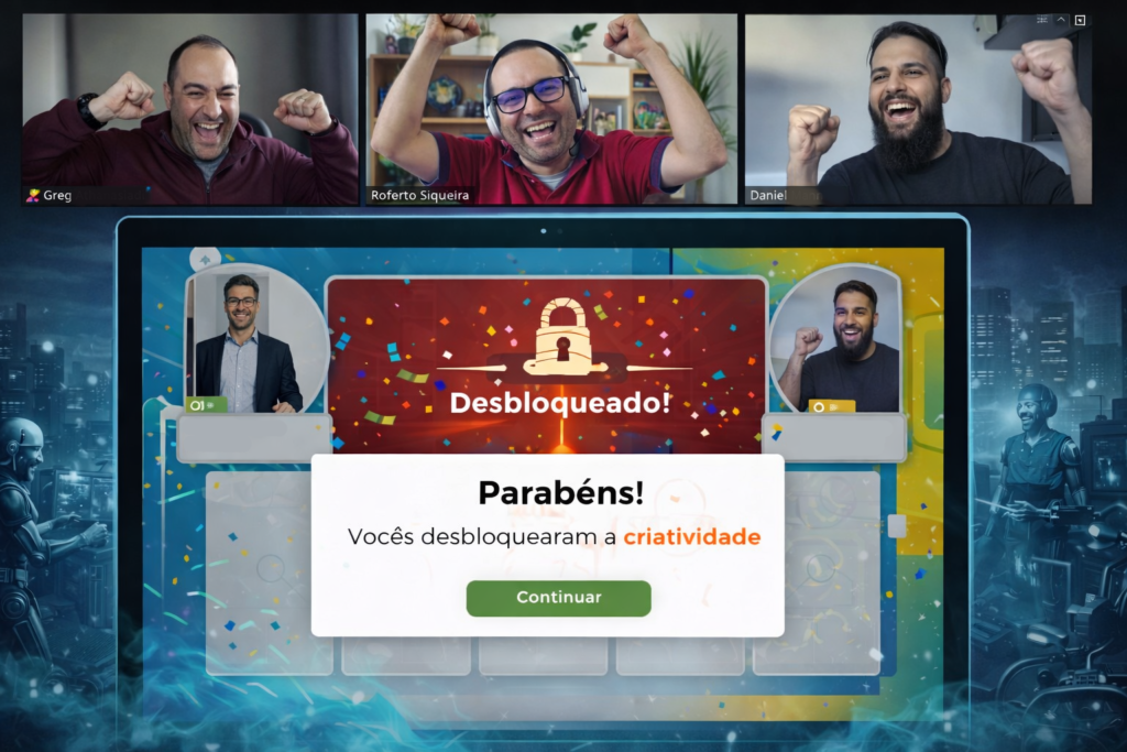 Equipe corporativa comemorando a resolução de desafios no jogo Os Divergentes