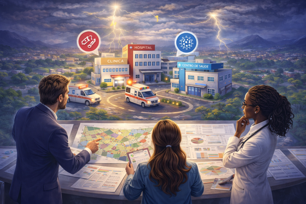 Narrativa do jogo Pulse que simula a gestão de recursos de saúde em uma cidade em crise