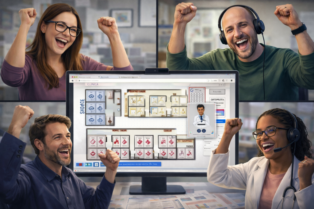 Equipe corporativa participando do jogo Pulse e tomando decisões em cenário crítico de saúde