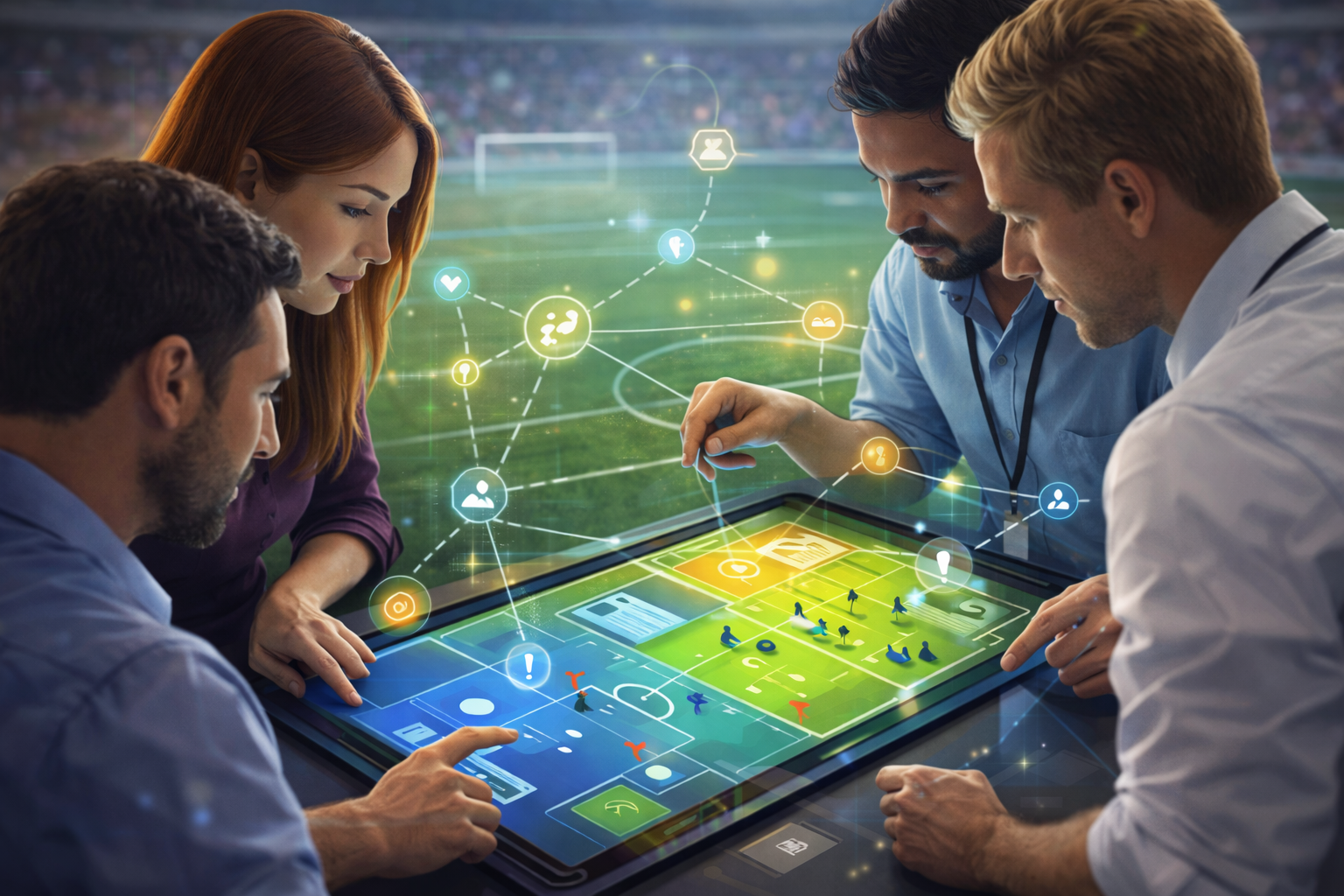 Equipes analisando decisões estratégicas em dinâmica colaborativa, representando alta performance inspirada na Copa do Mundo.