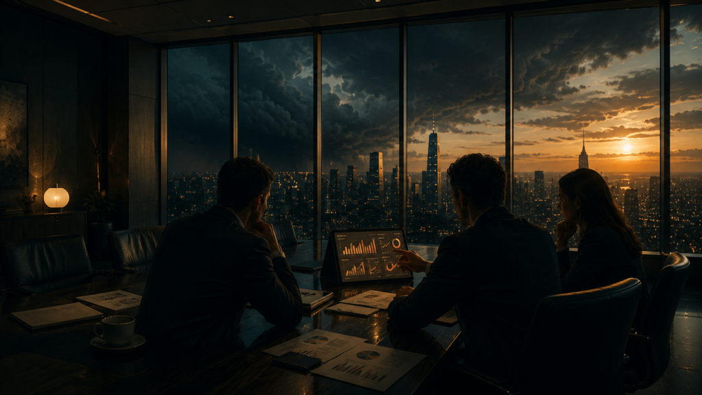 Executivos observando indicadores de liderança em um escritório corporativo, representando o universo do jogo Invisível